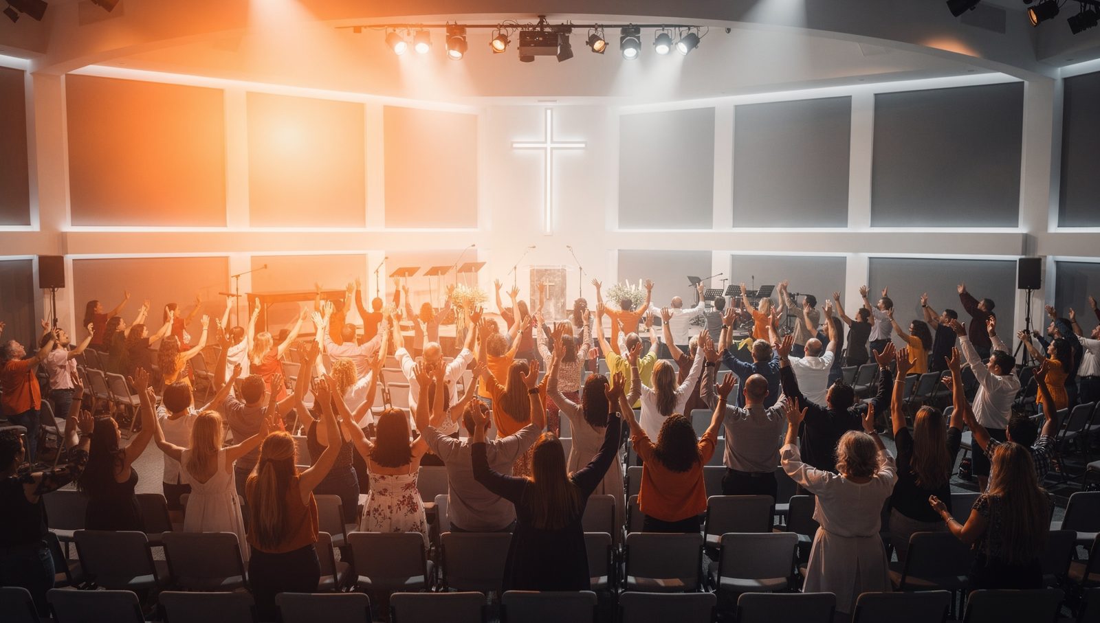 Congregation worshiping with hands raised