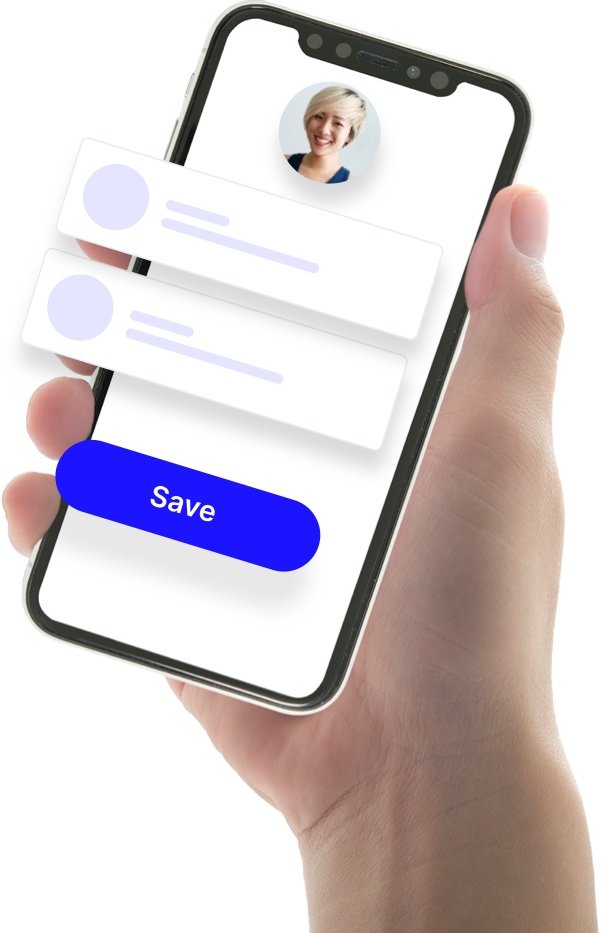 Hand holding a phone with a Save button