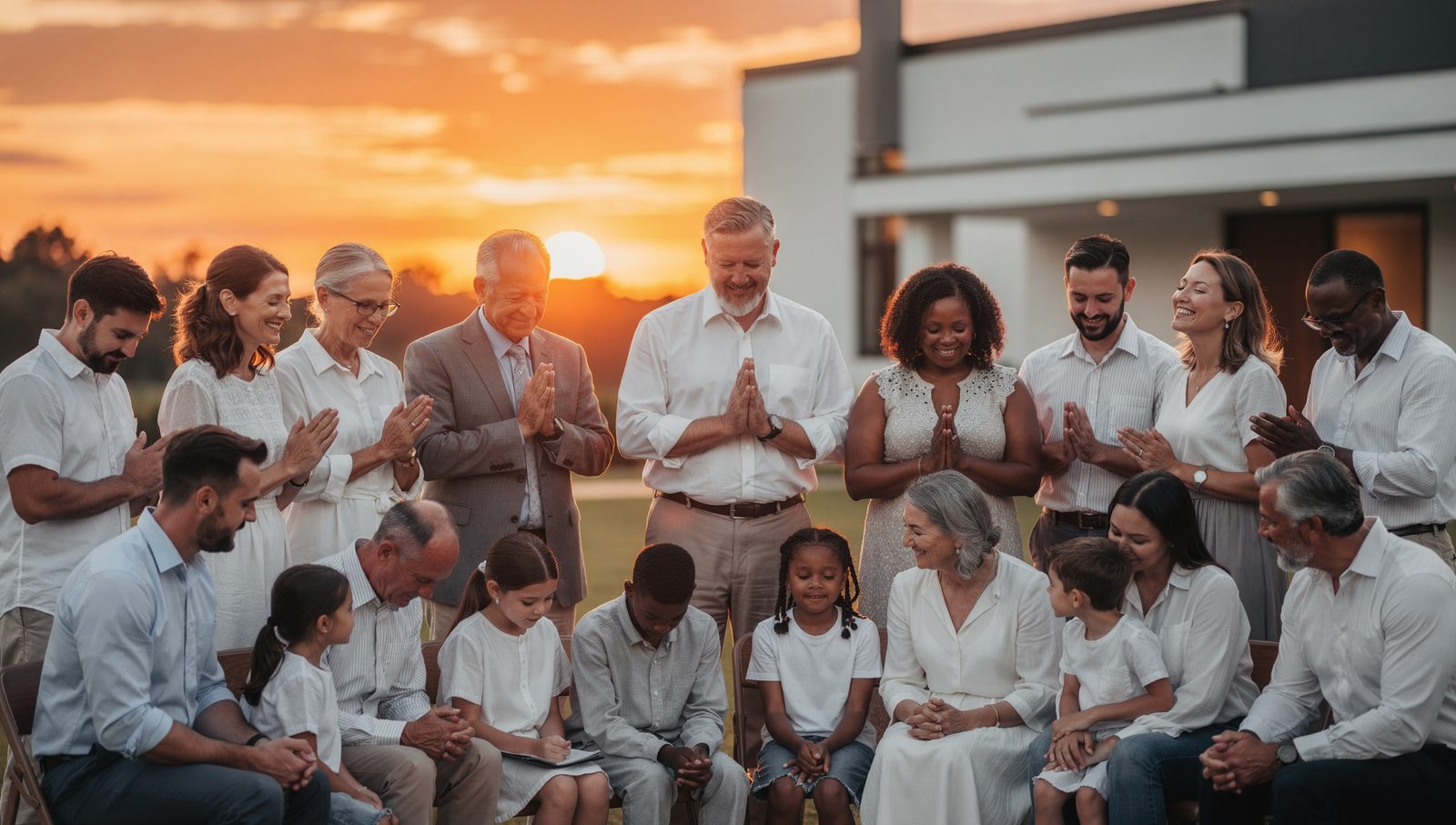 Families praying together outdoors